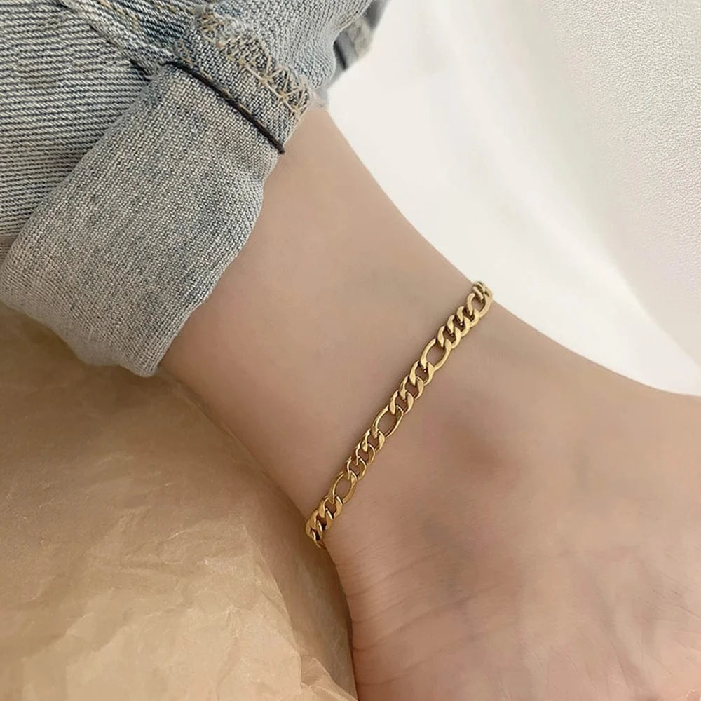 eManco 14k Gold plated stainless steel Figaro Leg Chain Anklet Bracelet Summer Foot Jewelry for Women Girls