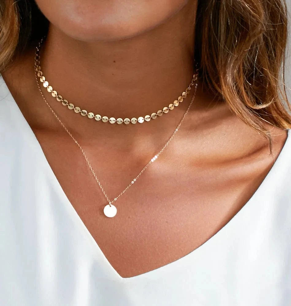 eManco 316L stainless steel necklace women dainty coin choker chain minimalist double layered necklace set wholesale