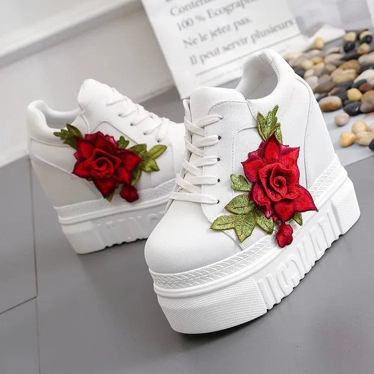 Embroidered Flowers Canvas Sneakers Women High Wedge Sneaker Fashion White/black/red Platform Sneakers Woman Casual Shoes
