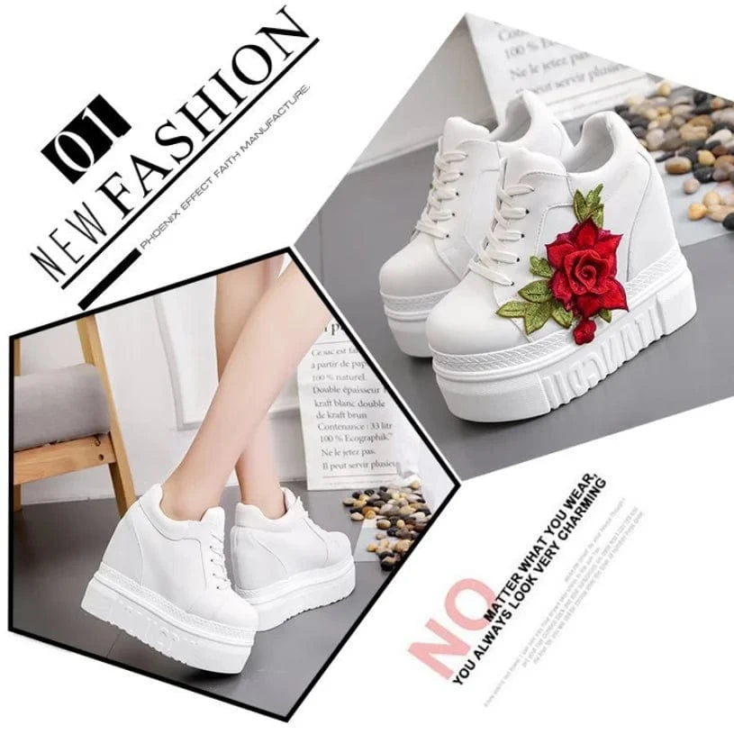 Embroidered Flowers Canvas Sneakers Women High Wedge Sneaker Fashion White/black/red Platform Sneakers Woman Casual Shoes