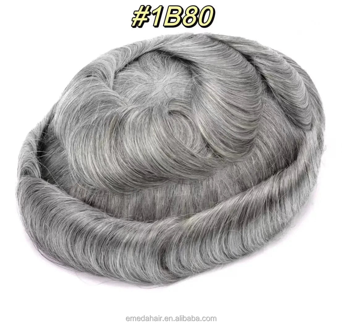 EMEDA Grey men's toupee hair for men 100% thin skin toupee prosthesis capillary 100% human hair stock