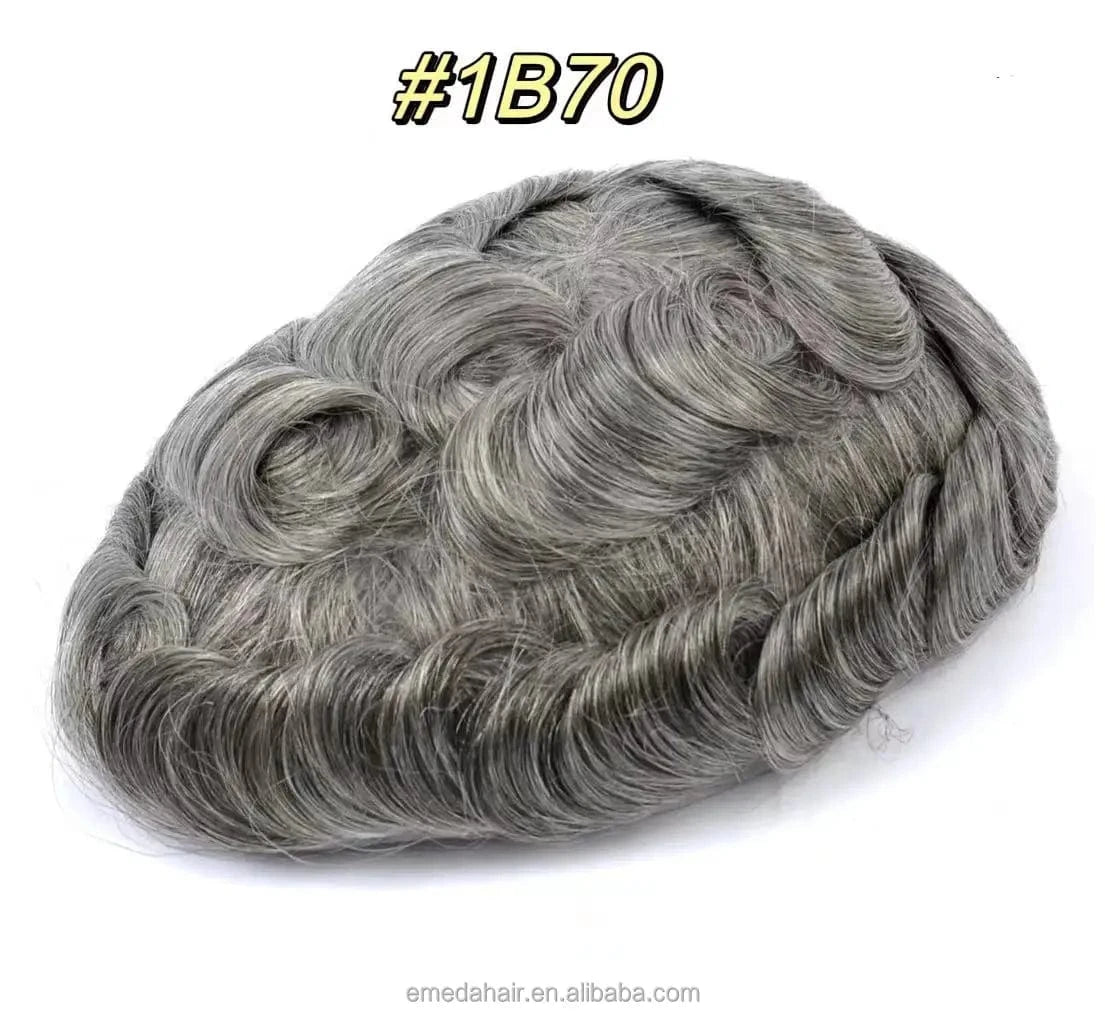EMEDA Grey men's toupee hair for men 100% thin skin toupee prosthesis capillary 100% human hair stock