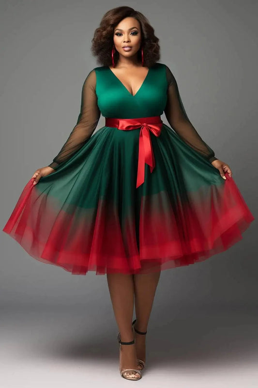Emerald Green / 3XL Plus Size Christmas Emerald Green Gradient V Neck Lantern Sleeve Long Sleeve See Through Wrap Tulle Mini Dresses 2025 Women