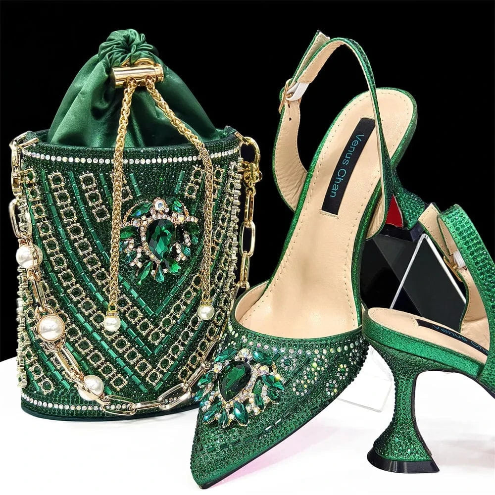 Emerald Green / 40 Turkey African Italian Luxury Fashion Party Ladies Shoes Set Women Matching Bag for Women