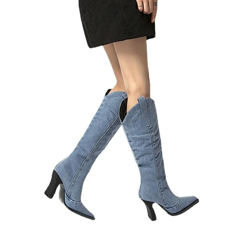 ENMAYER Factory Supply In Stock Little Square Toe Chunky Heel Women Knee High Boots