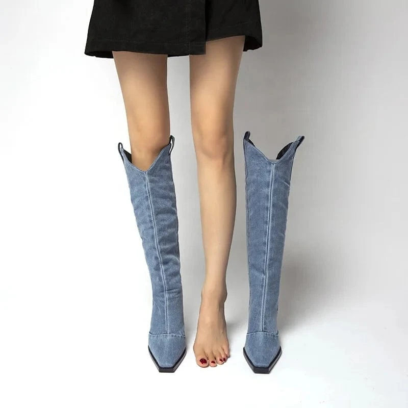 ENMAYER Factory Supply In Stock Little Square Toe Chunky Heel Women Knee High Boots