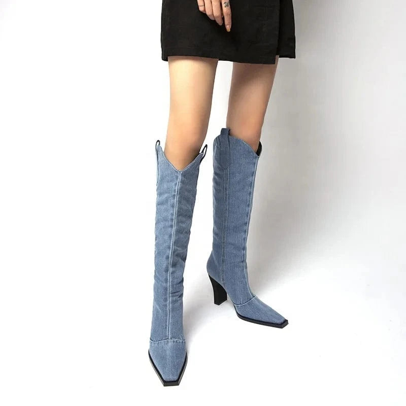 ENMAYER Factory Supply In Stock Little Square Toe Chunky Heel Women Knee High Boots