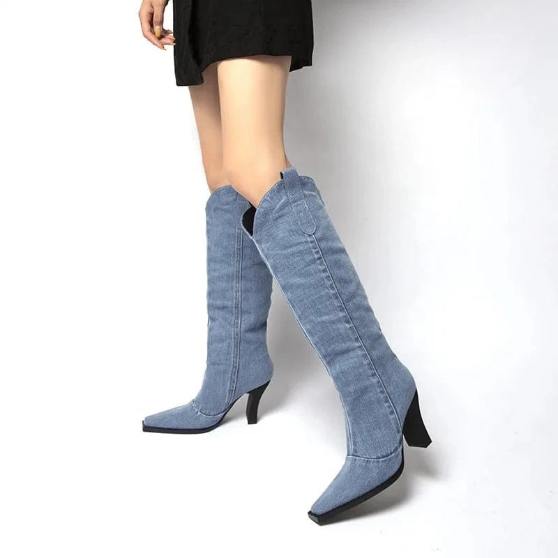ENMAYER Factory Supply In Stock Little Square Toe Chunky Heel Women Knee High Boots