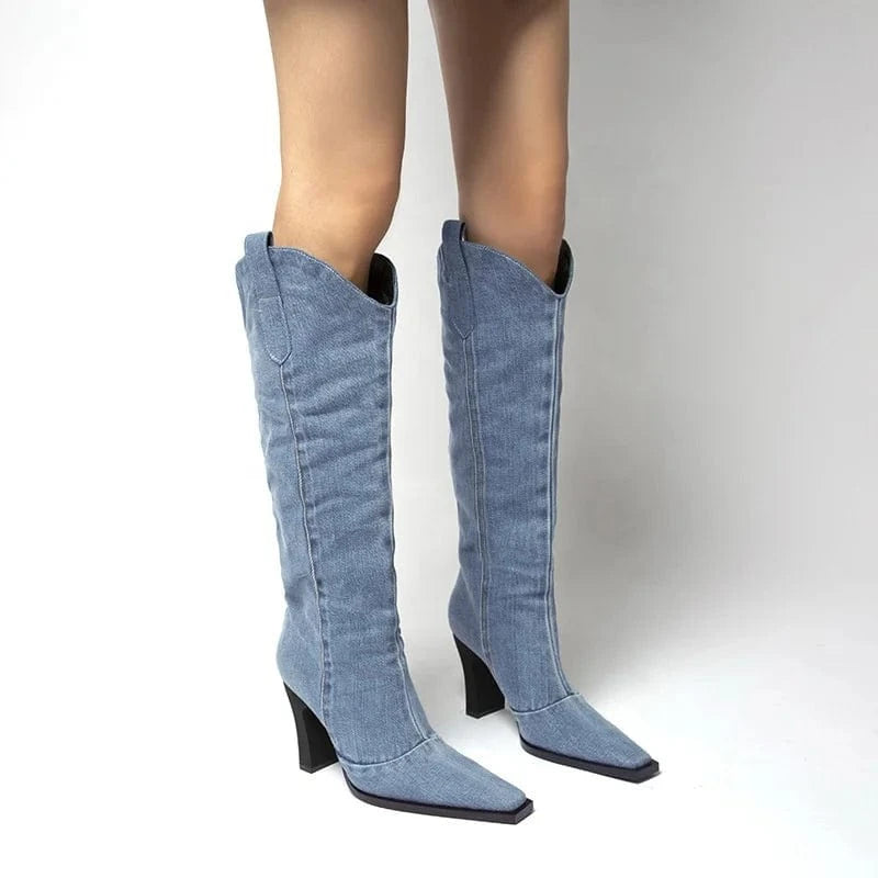 ENMAYER Factory Supply In Stock Little Square Toe Chunky Heel Women Knee High Boots