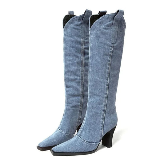 ENMAYER Factory Supply In Stock Little Square Toe Chunky Heel Women Knee High Boots