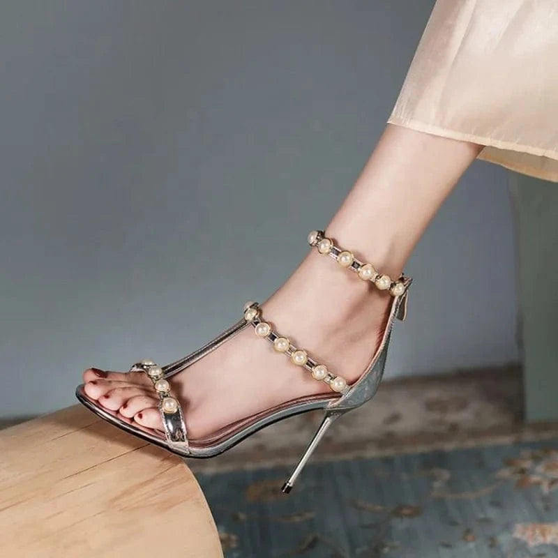 ENMAYER Female Designer Heels Round Toe Pearl Decoration Back Wrap Women Party Sandals