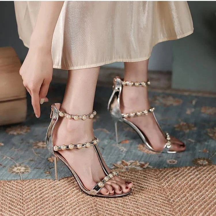 ENMAYER Female Designer Heels Round Toe Pearl Decoration Back Wrap Women Party Sandals