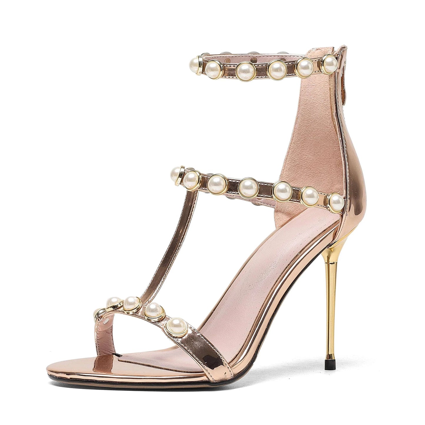 ENMAYER Female Designer Heels Round Toe Pearl Decoration Back Wrap Women Party Sandals