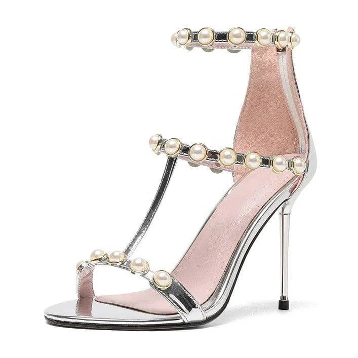 ENMAYER Female Designer Heels Round Toe Pearl Decoration Back Wrap Women Party Sandals