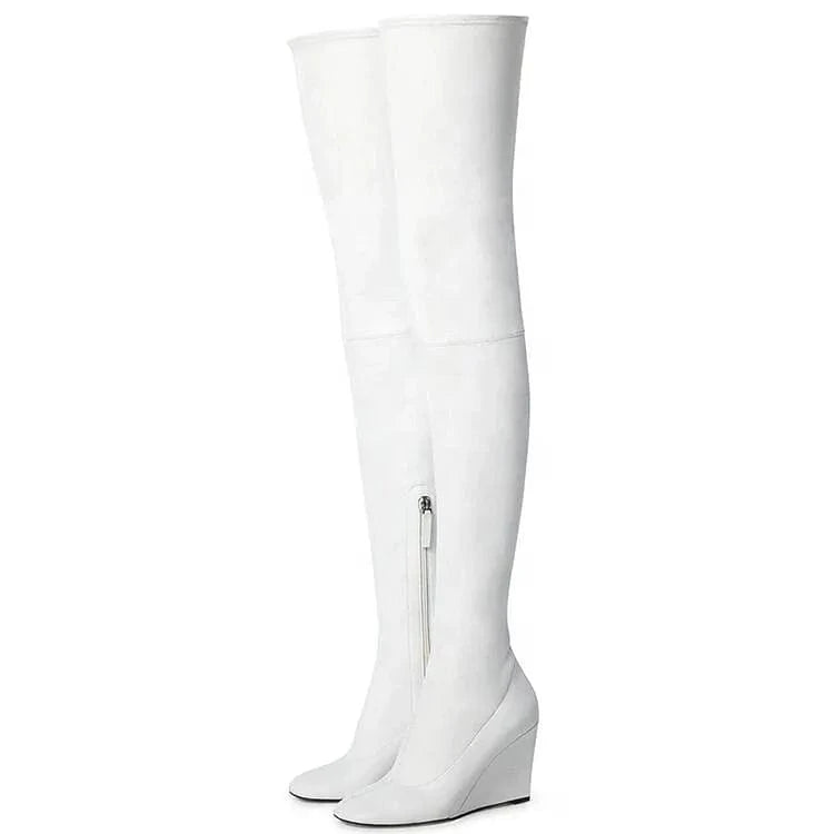 ENMAYER Female Popular Pointed Toe Wedge Heel Elastic Leather Over The Knee Women Thigh High Boots