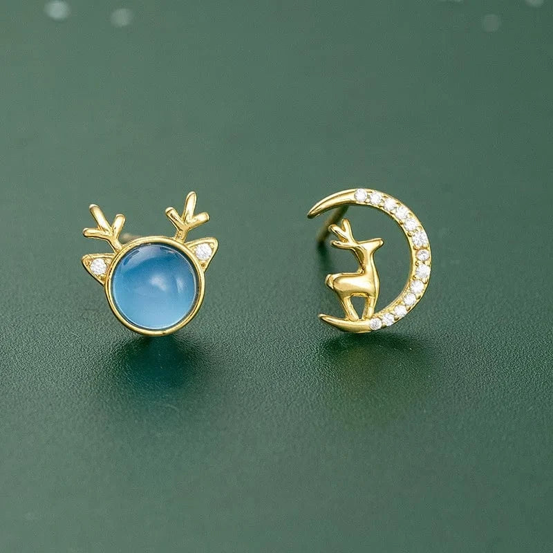 ES2057 gold, blue fashion earrings jewelry 925 sterling silver Christmas earring Elk deer moon cats-eys stone gold plated stud earrings for women