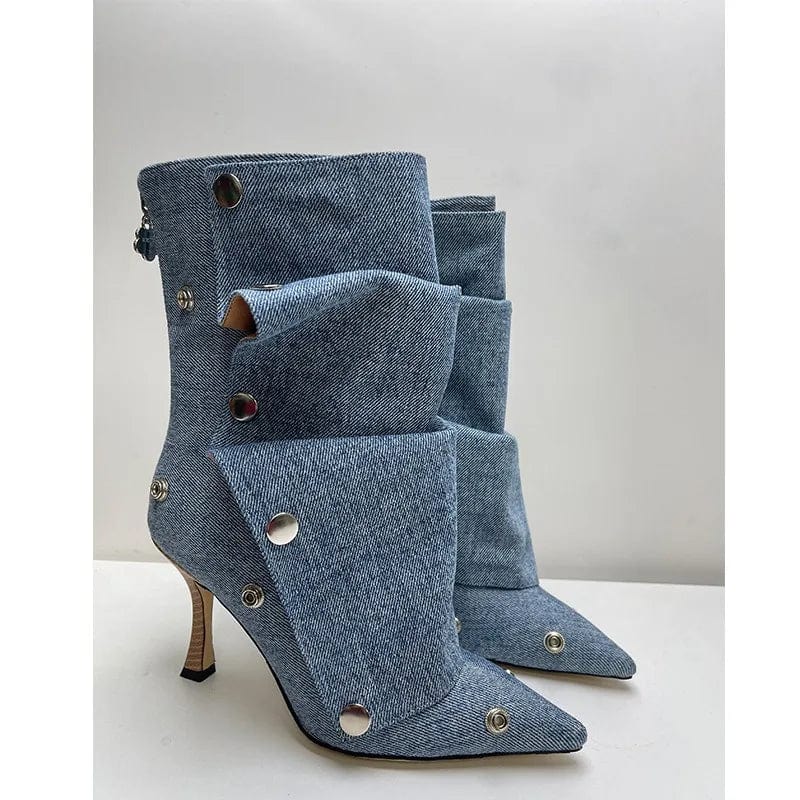 EU 35=US 4 / Light Blue Denim IDOIT Hot Selling Women Stiletto Heel Slouchy Transformer High Quality Button Boots with Zipper Detachable Boots