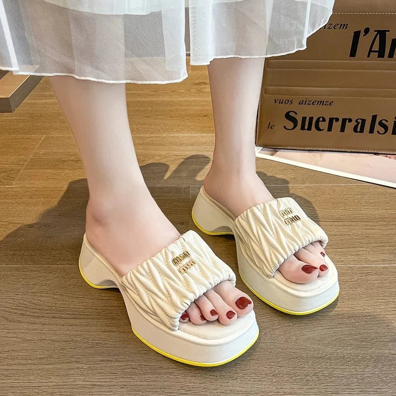 EU 36=US 5 / Beige IDOIT Pink Summer New Brand Women Slipper Fashion Pleated Slip On Sandal Platform Heel Outdoor Casual Beach Slides