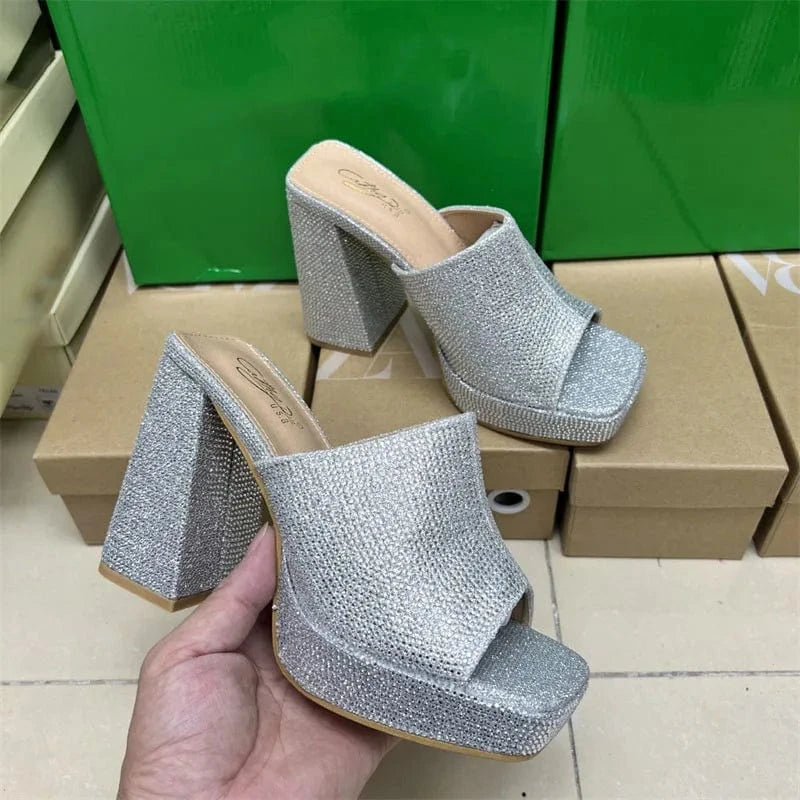 EU 36=US 5 / silver IDOIT Hot Selling Square Toe Silver Rhinestone Open Toe Block High Heels Women Shoes High Heels