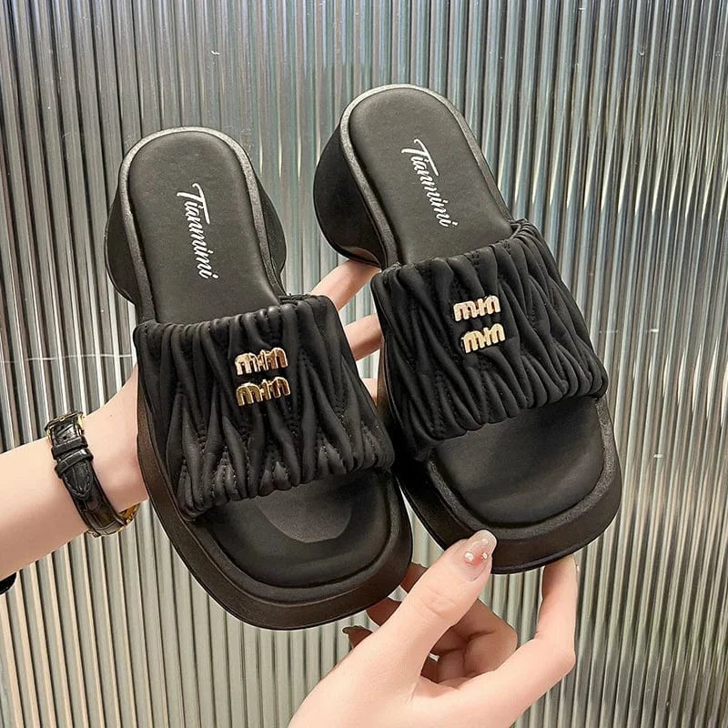 EU 39=US 8 / Black IDOIT Pink Summer New Brand Women Slipper Fashion Pleated Slip On Sandal Platform Heel Outdoor Casual Beach Slides