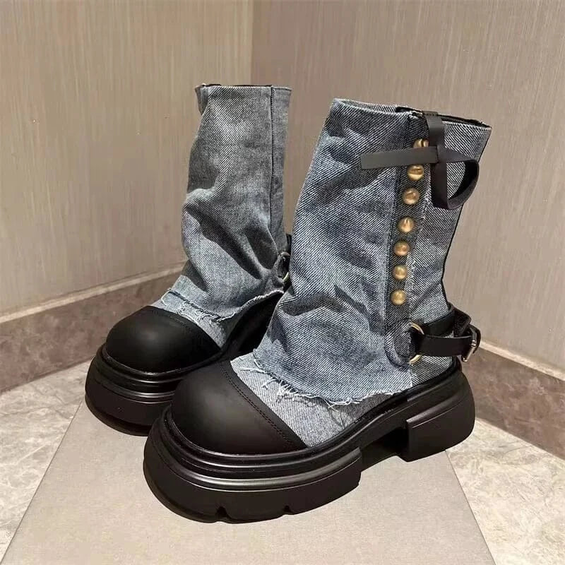 EU 40=US 9 / Blue IDOIT Dropshipping Design Female Patchwork Casual Jean Shoes Platform Rivet Decoration Denim Chunky Boots Women Shoes