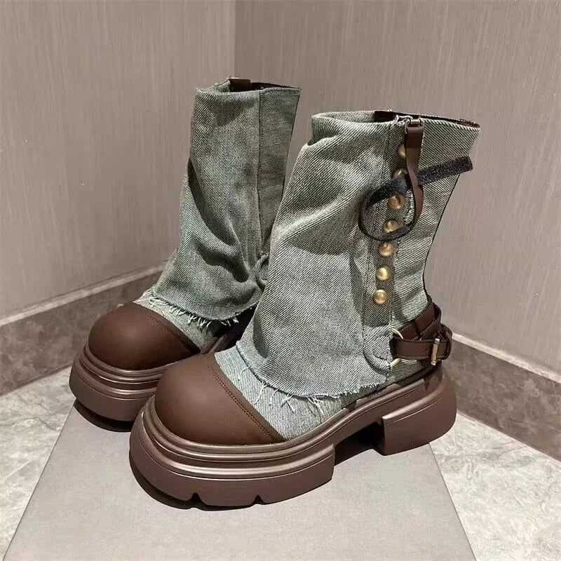 EU 40=US 9 / Green IDOIT Dropshipping Design Female Patchwork Casual Jean Shoes Platform Rivet Decoration Denim Chunky Boots Women Shoes