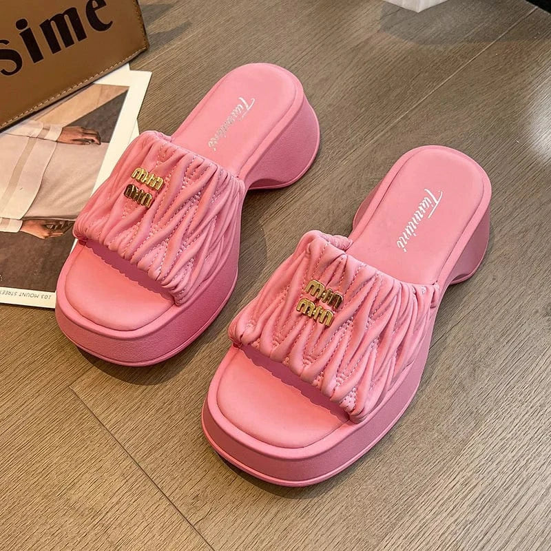EU 40=US 9 / Pink IDOIT Pink Summer New Brand Women Slipper Fashion Pleated Slip On Sandal Platform Heel Outdoor Casual Beach Slides