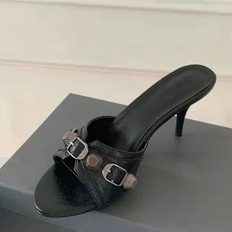 EU 42=US 11 / Black IDOIT Spring Women High Heels Shoes Sexy Ladies Flat Toe Open Toe Slipper Gothic Wind Rivet Low Heels Luxury Designer Sandals