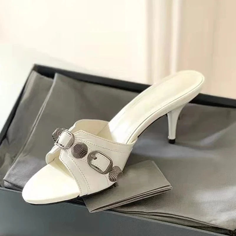 EU 42=US 11 / White IDOIT Spring Women High Heels Shoes Sexy Ladies Flat Toe Open Toe Slipper Gothic Wind Rivet Low Heels Luxury Designer Sandals