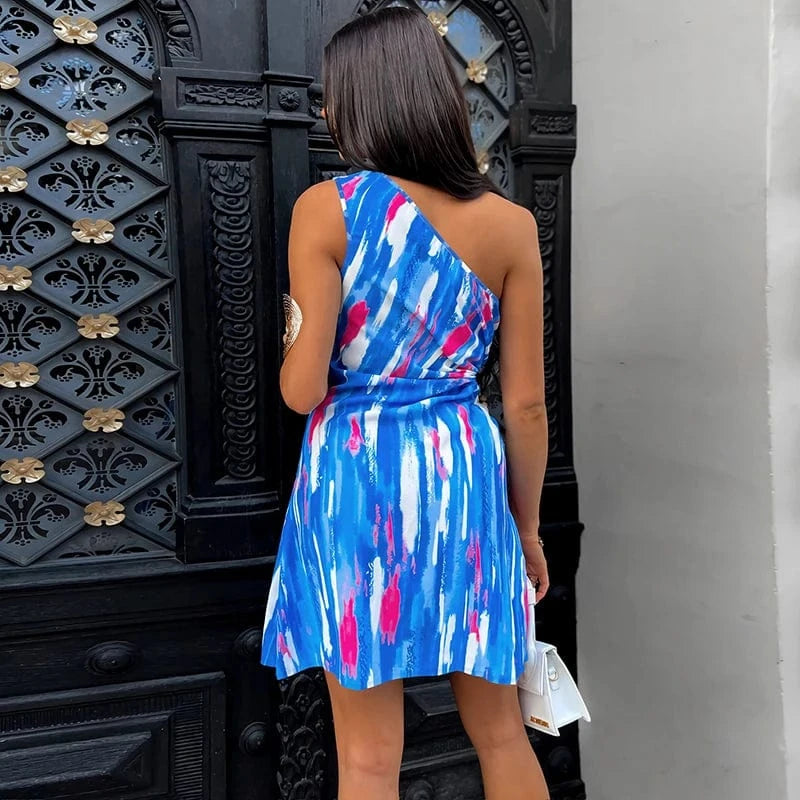 Europe and America Sexy Bodycon Mini Dress Women Hollow Out Drawstring Tie Dye Off Shoulder Short Dresses Summer Clothing