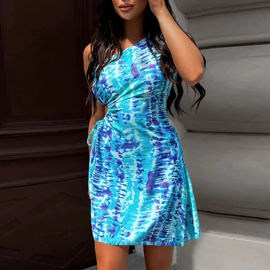 Europe and America Sexy Bodycon Mini Dress Women Hollow Out Drawstring Tie Dye Off Shoulder Short Dresses Summer Clothing