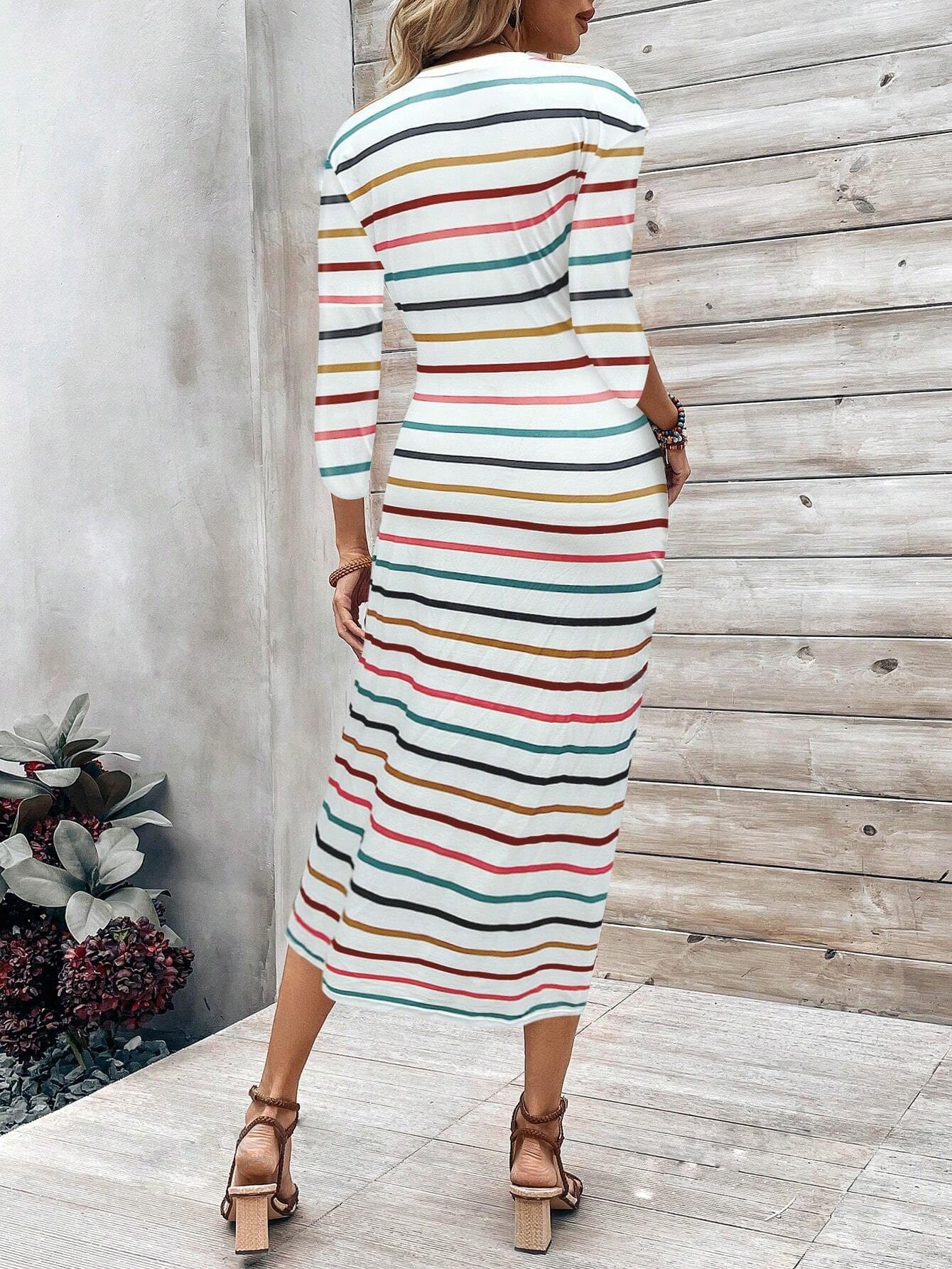 Europe and the United States cross-border foreign trade women's 2024 new print striped round neck cover fashion lace-up dress