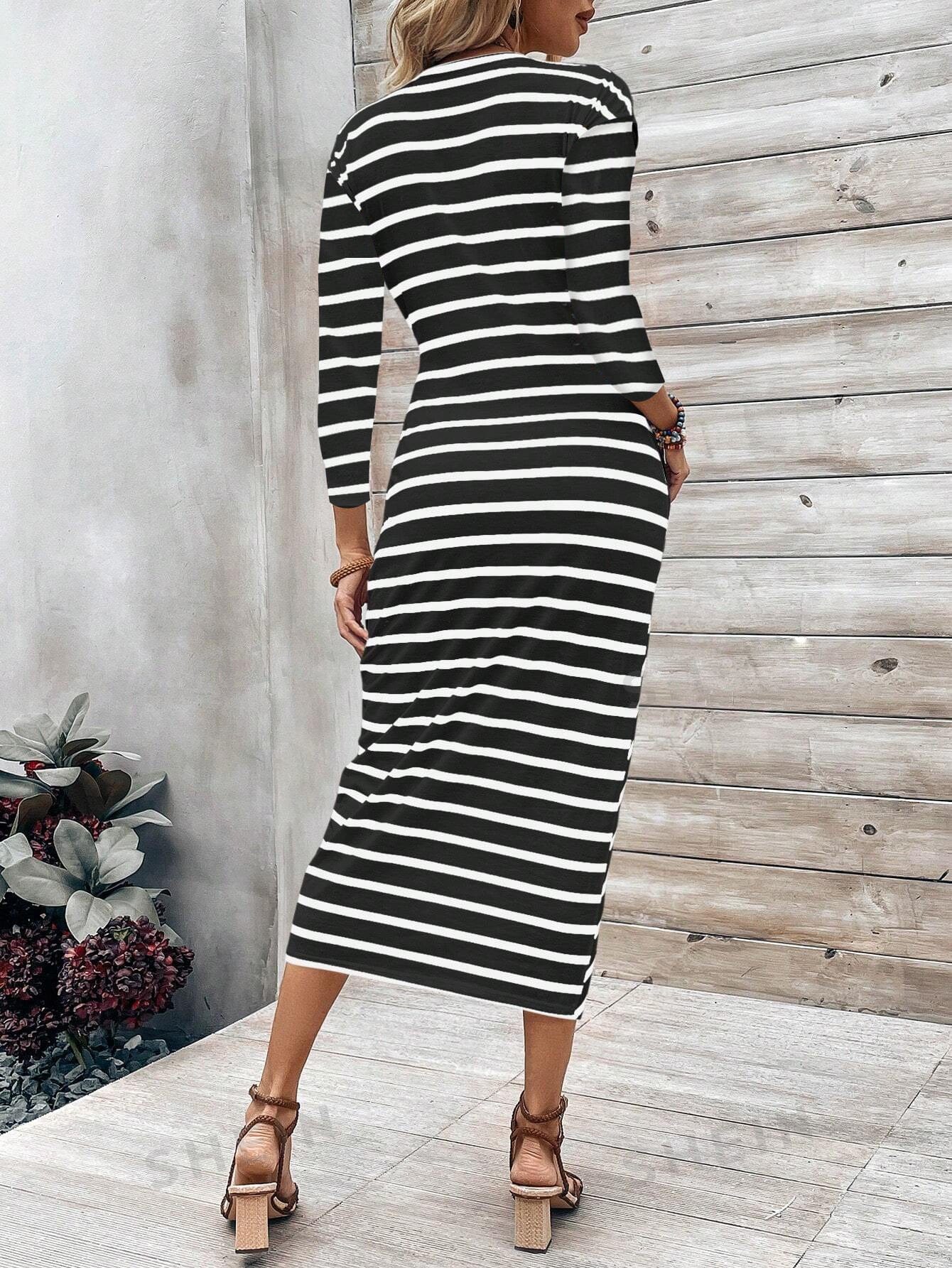 Europe and the United States cross-border foreign trade women's 2024 new print striped round neck cover fashion lace-up dress