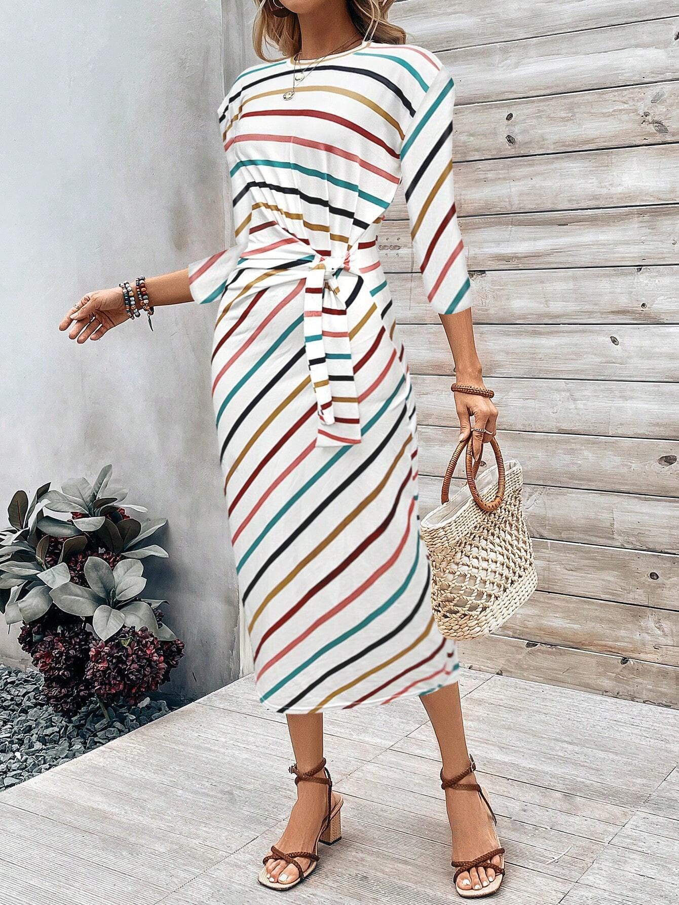 Europe and the United States cross-border foreign trade women's 2024 new print striped round neck cover fashion lace-up dress