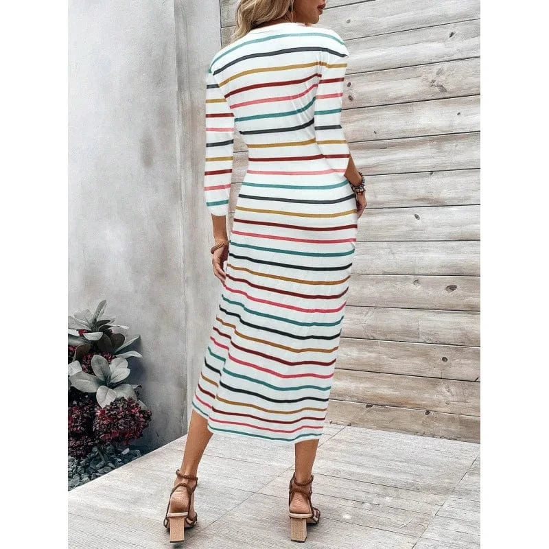 Europe and the United States cross-border foreign trade women's 2024 new print striped round neck cover fashion lace-up dress