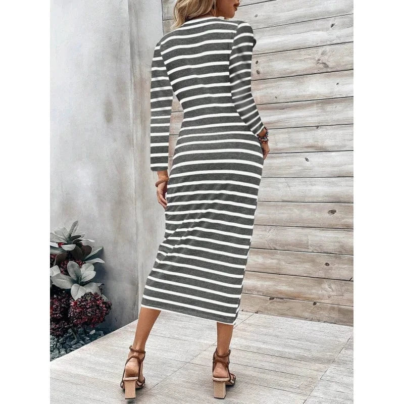 Europe and the United States cross-border foreign trade women's 2024 new print striped round neck cover fashion lace-up dress