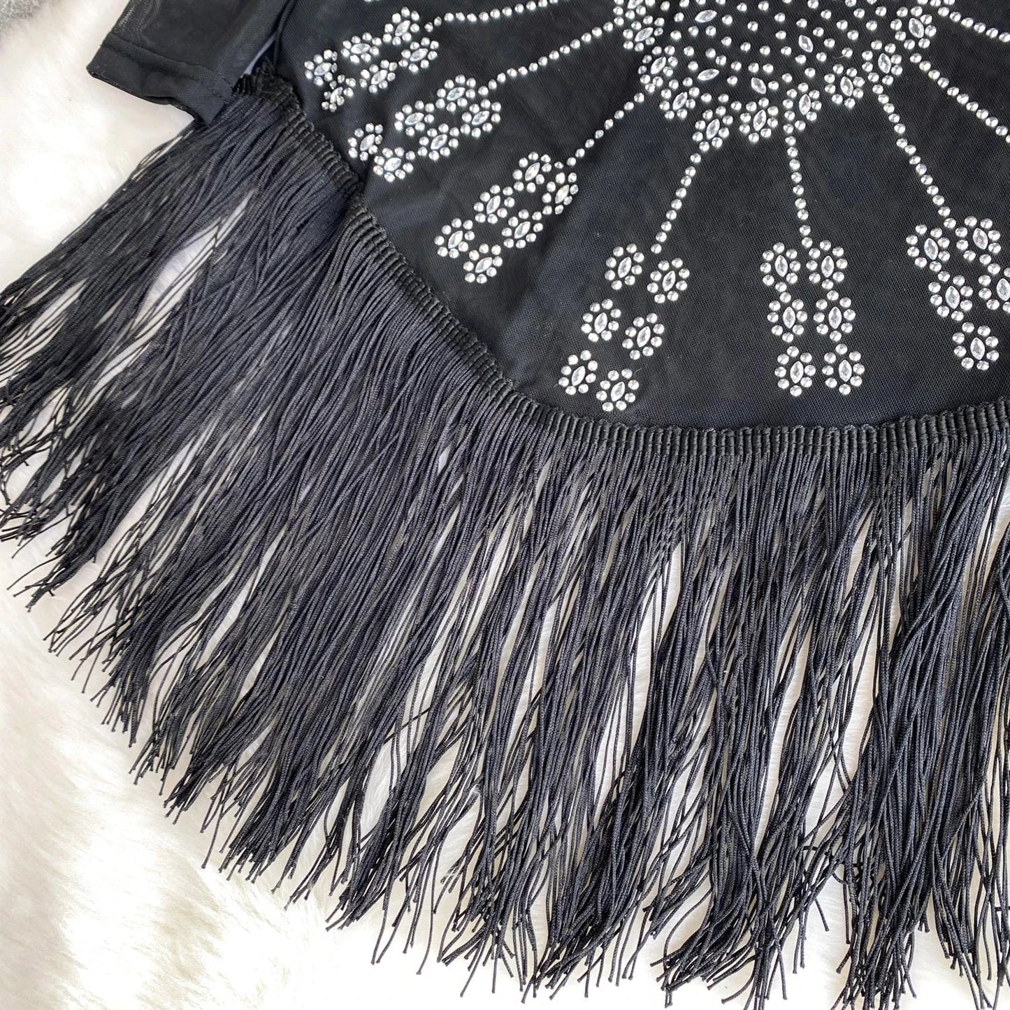 Europe And The United States Wind Female Mesh Beaded Fringe Sexy Black Short Dresses