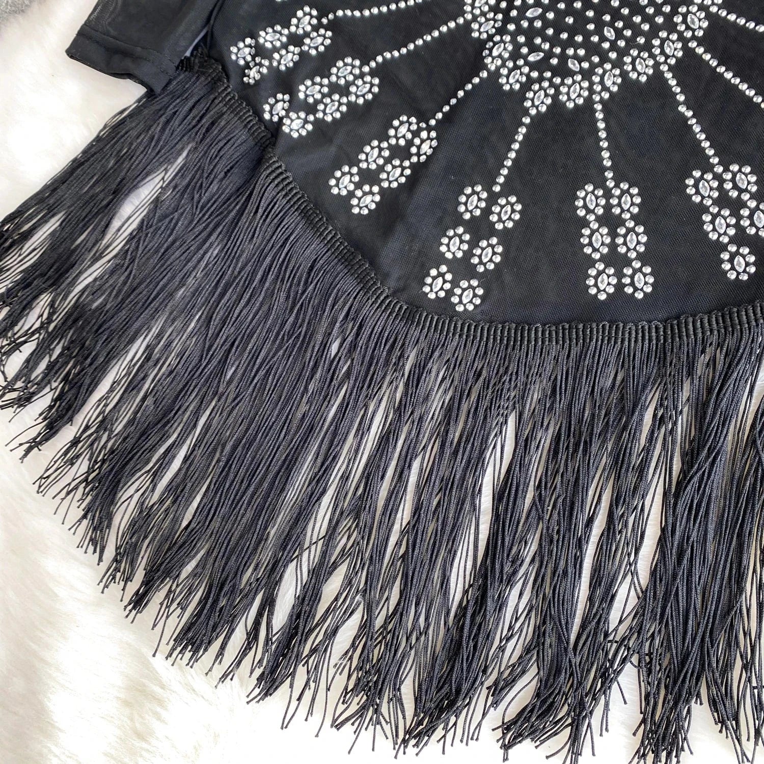Europe And The United States Wind Female Mesh Beaded Fringe Sexy Black Short Dresses
