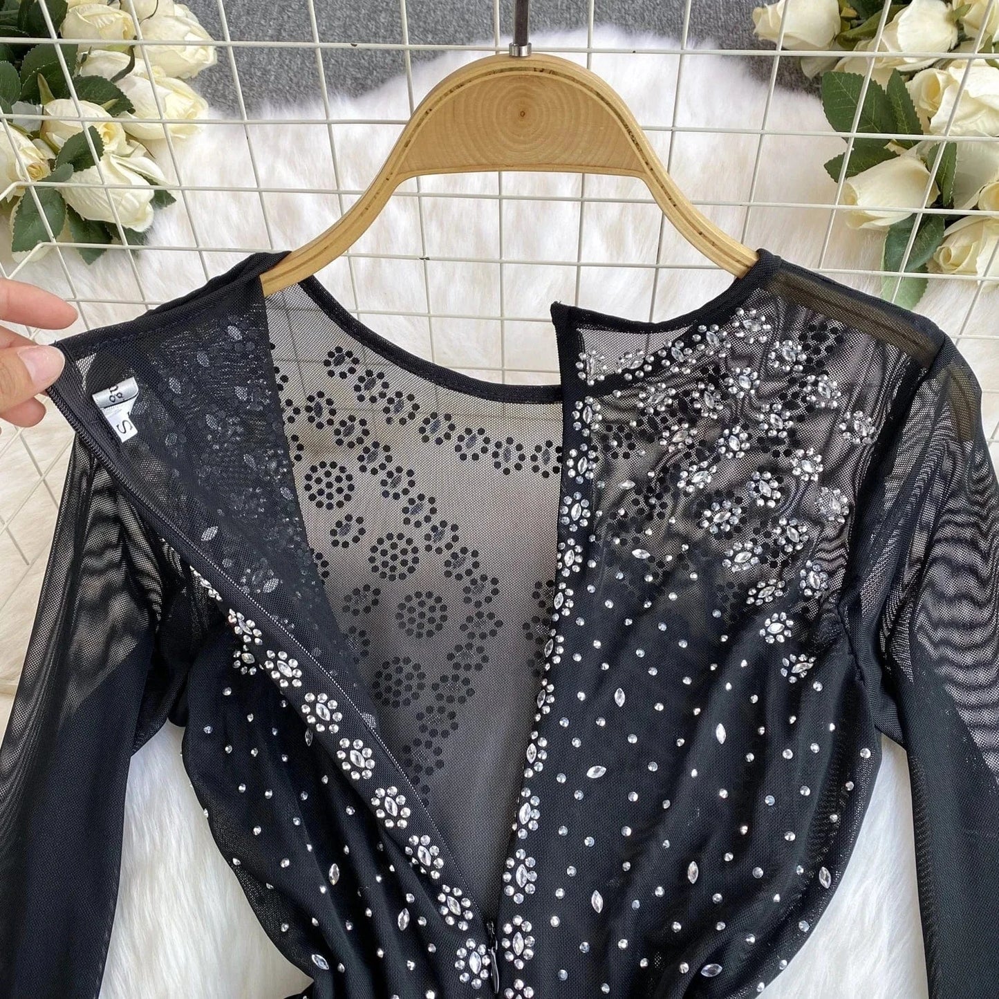 Europe And The United States Wind Female Mesh Beaded Fringe Sexy Black Short Dresses