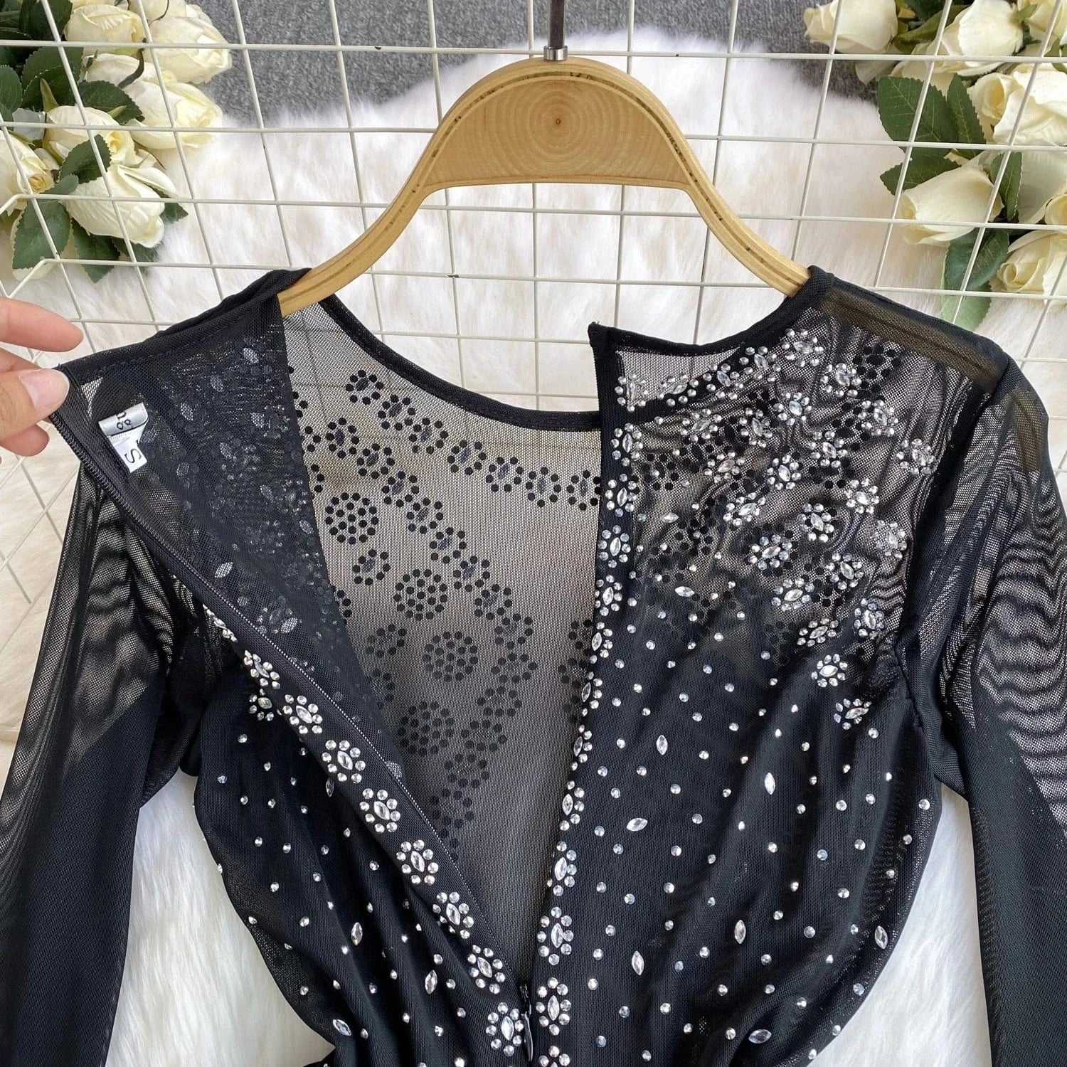 Europe And The United States Wind Female Mesh Beaded Fringe Sexy Black Short Dresses