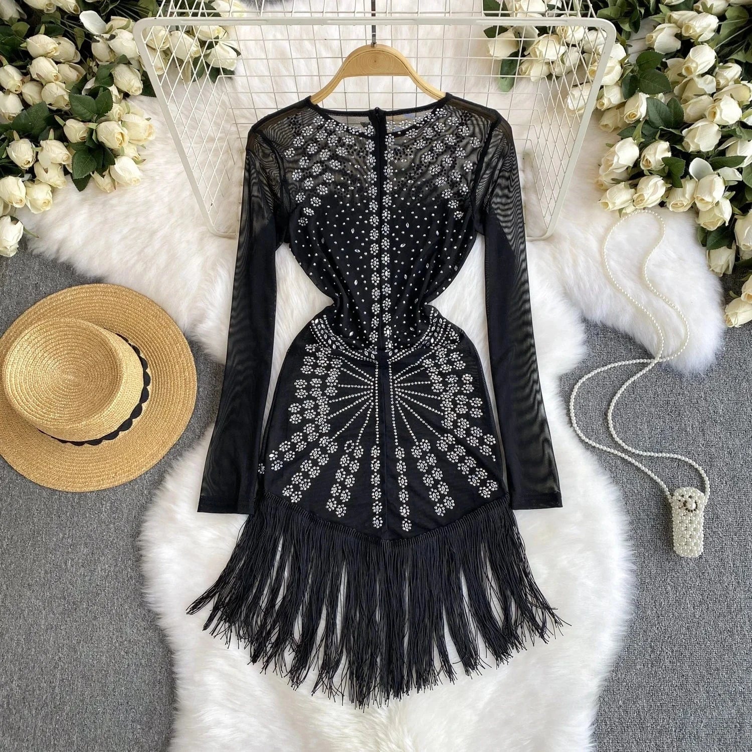 Europe And The United States Wind Female Mesh Beaded Fringe Sexy Black Short Dresses