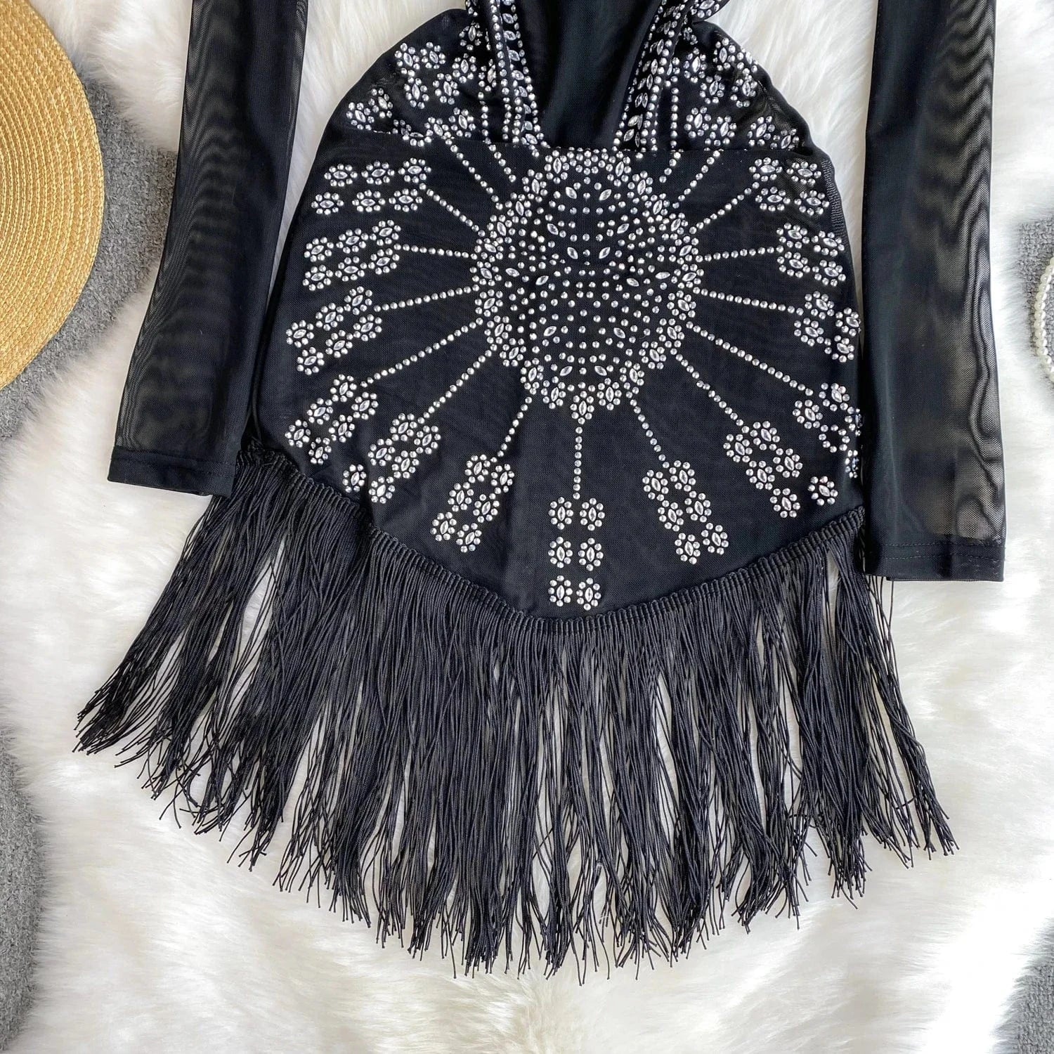 Europe And The United States Wind Female Mesh Beaded Fringe Sexy Black Short Dresses