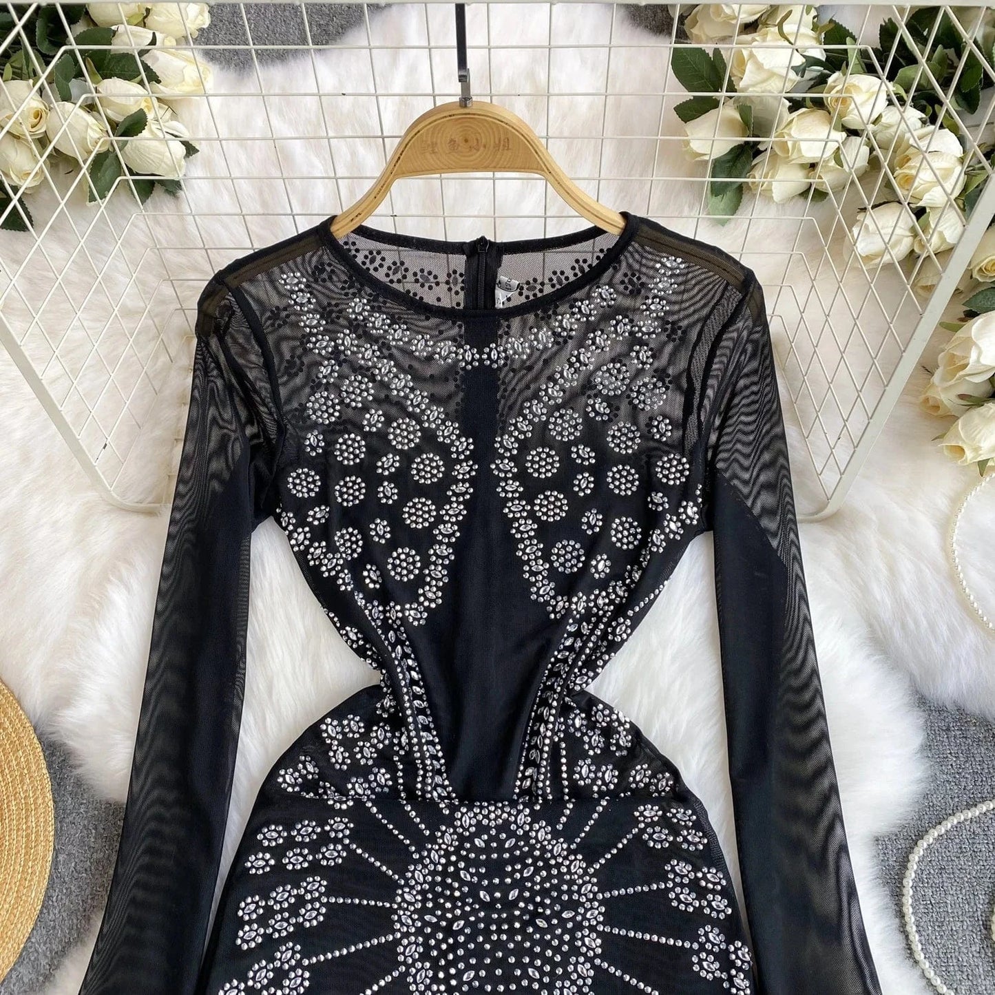 Europe And The United States Wind Female Mesh Beaded Fringe Sexy Black Short Dresses