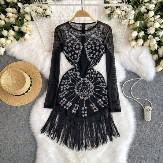 Europe And The United States Wind Female Mesh Beaded Fringe Sexy Black Short Dresses
