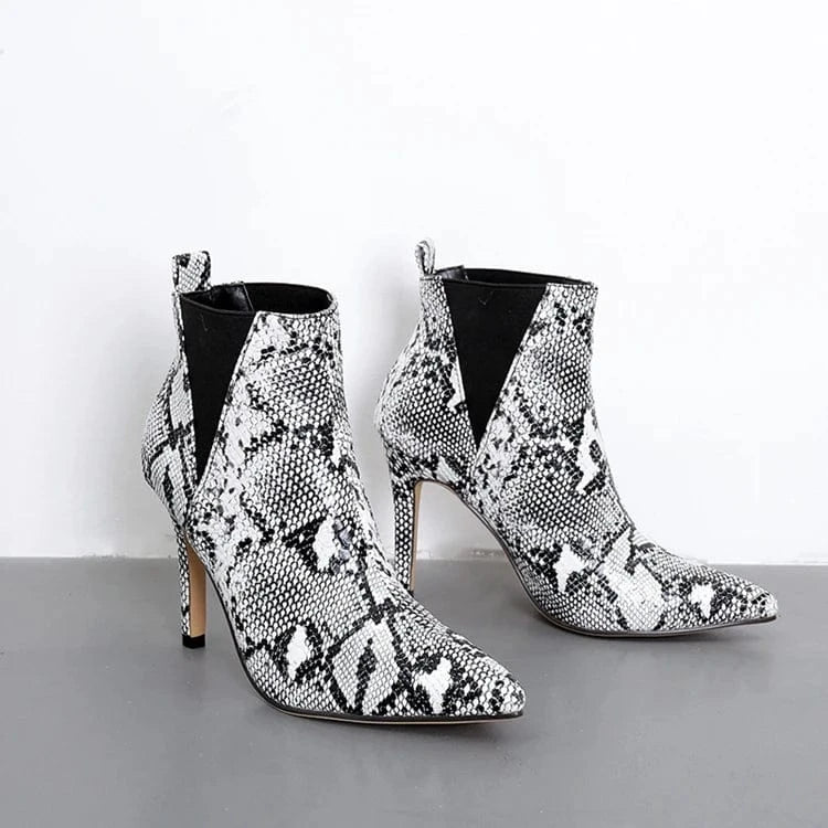 European and American cross border elastic snake skin slim heel short boots women's large shoes