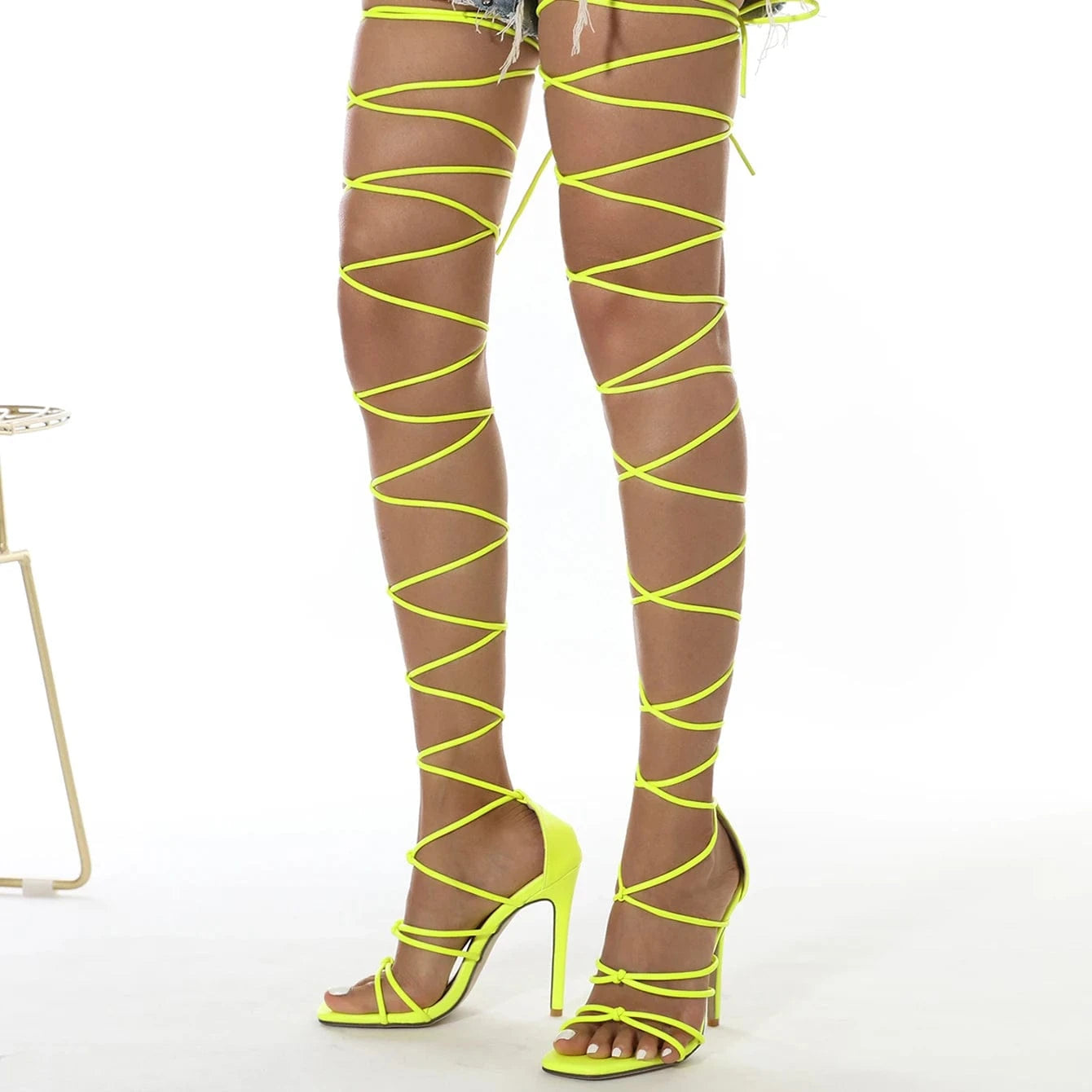 European and American new long super beautiful bandage bright yellow peach red thin high-heeled women's fashion sandals