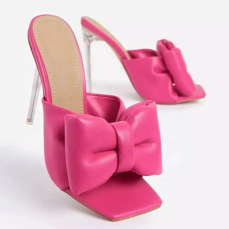 European and American style pink artificial leather bow crystal heel slippers for indoor and outdoor wear