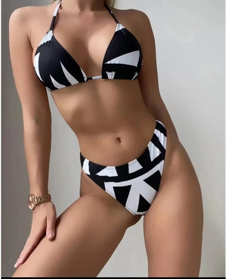 European and American swimsuits Feminine Three Piece Style Collar Print Waist Tie Up Short Skirt Set