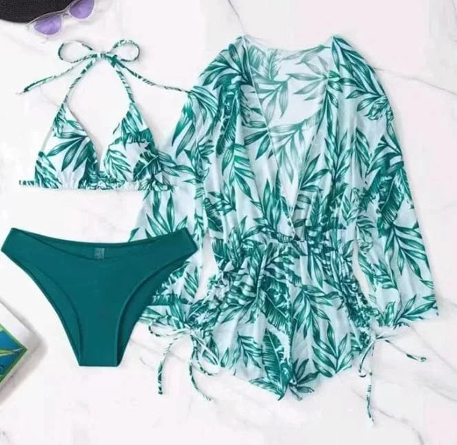 European and American swimsuits Feminine Three Piece Style Collar Print Waist Tie Up Short Skirt Set