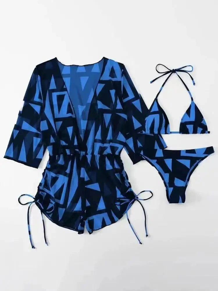 European and American swimsuits Feminine Three Piece Style Collar Print Waist Tie Up Short Skirt Set